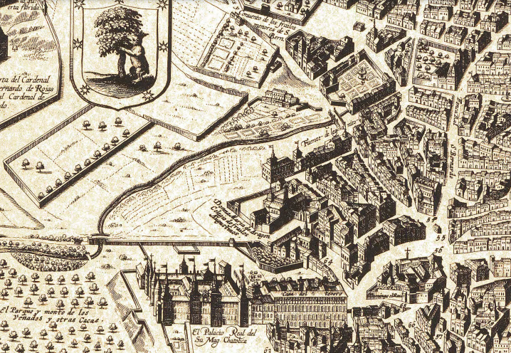 Plano de Mancelli de 1623, espacio que ocupará la futura Plaza de España recorrido por el arroyo de Leganitos