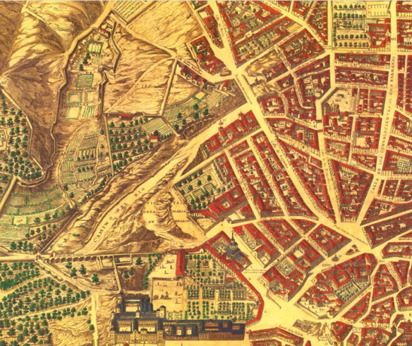Plano de Texeira de 1656.El área ocupada por la futura plaza de San Marcial, precedente de la de España, con la Fuente del Palo.