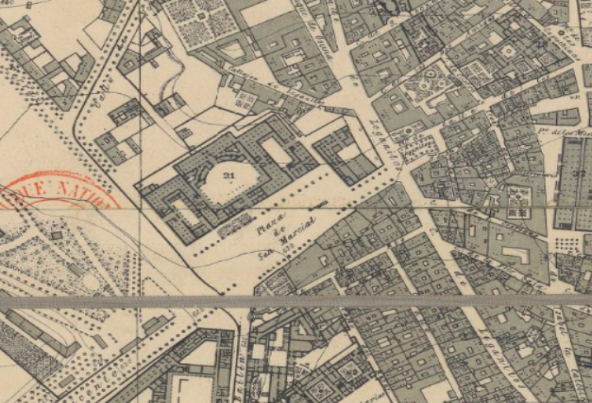 Plano de Ibáñez Ibero 1879. Con la plaza de San Marcial, que será el inicio de la Plaza de España