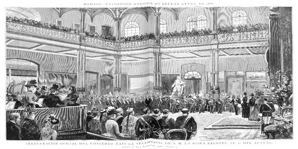 Inauguración de la Exposición Nacional en 1877 por la reina regente Mª Cristina.  La Ilustración Española y Americana