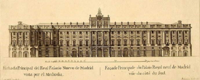 Fachada principal del Real Palacio nuevo de Madrid, ya con las alteraciones y adiciones de Francisco Sabatini ca. 1780. Museo de historia.
