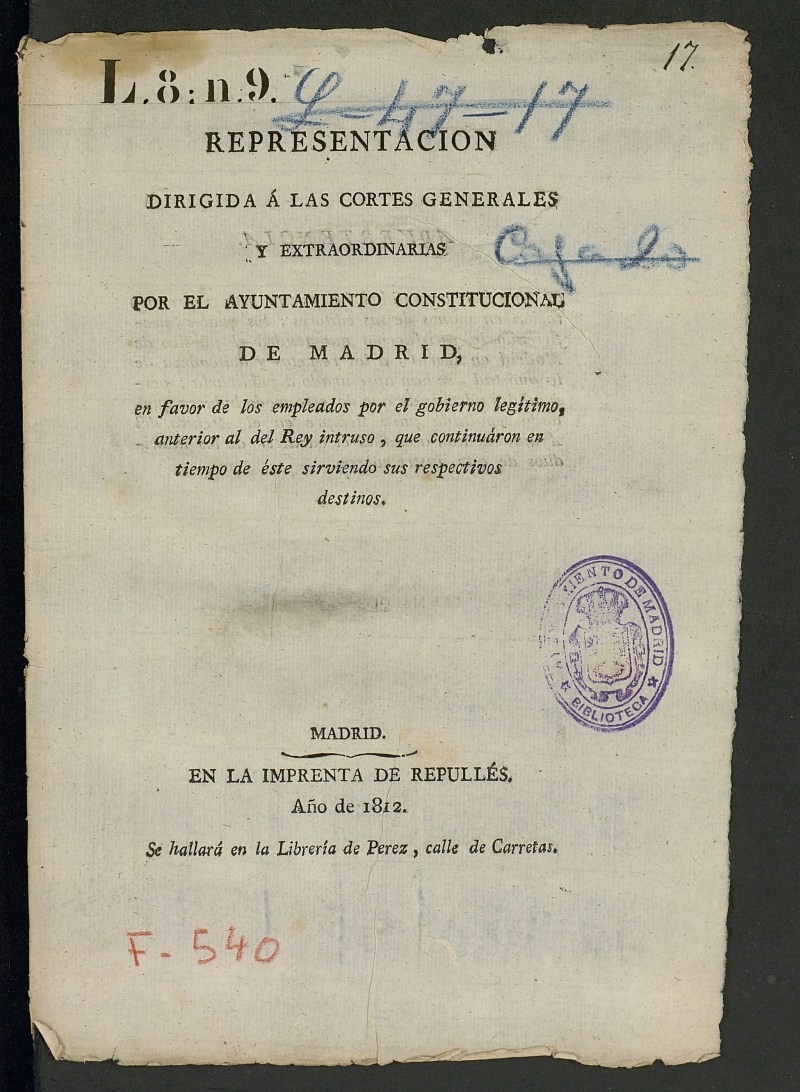 Representación dirigida a las Cortes generales y extraordinarias por el Ayuntamiento Constitucional de Madrid