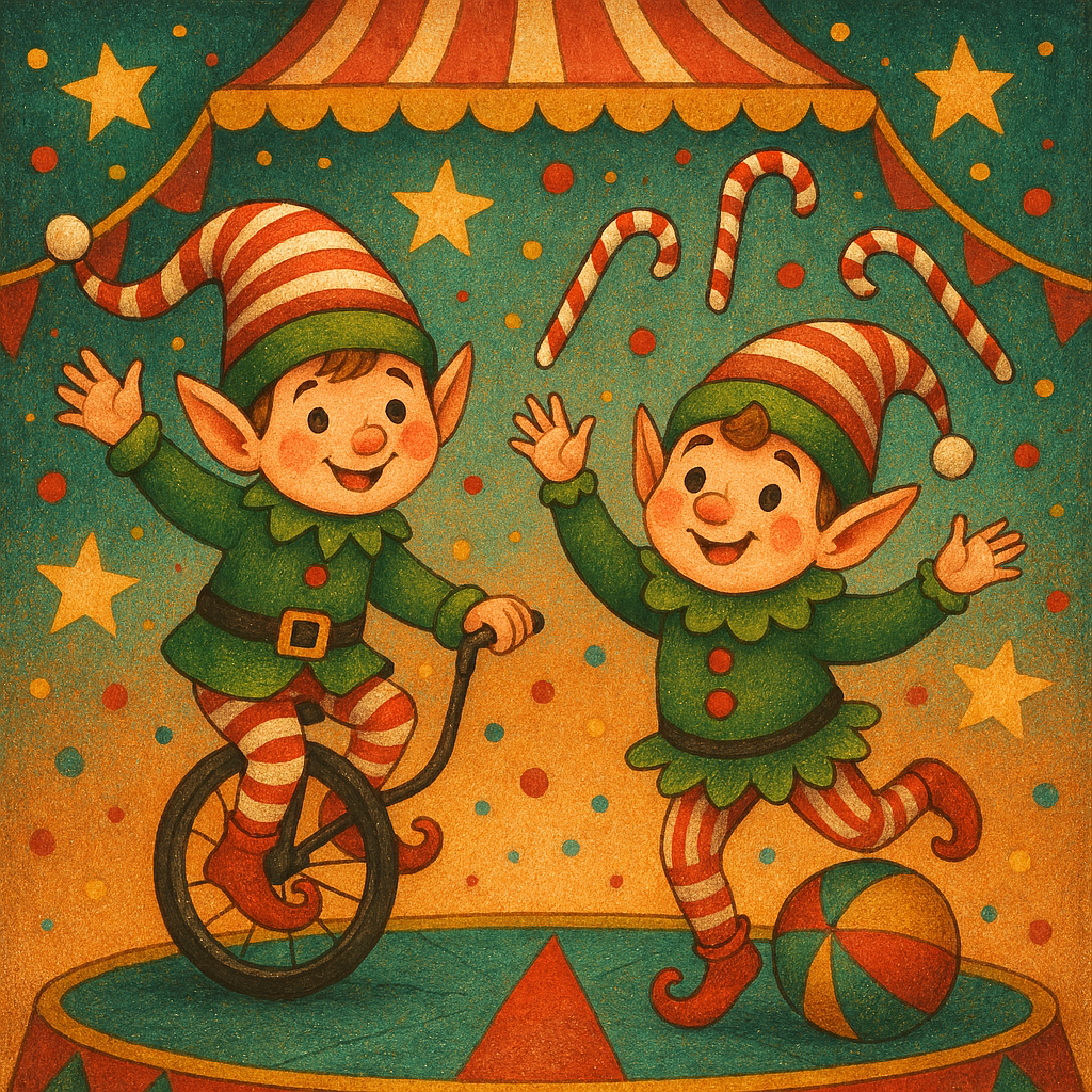 Imagen de dos duendes navideños haciendo acrobacias