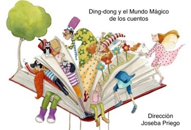 Un libro abierto saliendo diferentes personajes de &eacute;l: payasos, hadas...